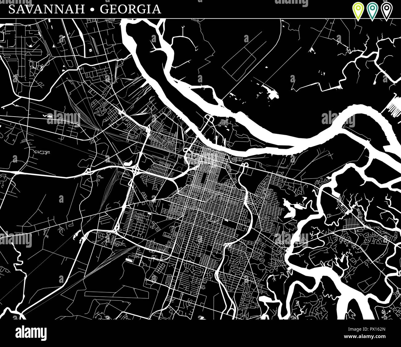 Carte simple de Savannah, Georgia, USA. Version noir et blanc pour les fonds. Cette carte de Savannah contient trois marqueurs qui sont regroupés et peuvent être Illustration de Vecteur