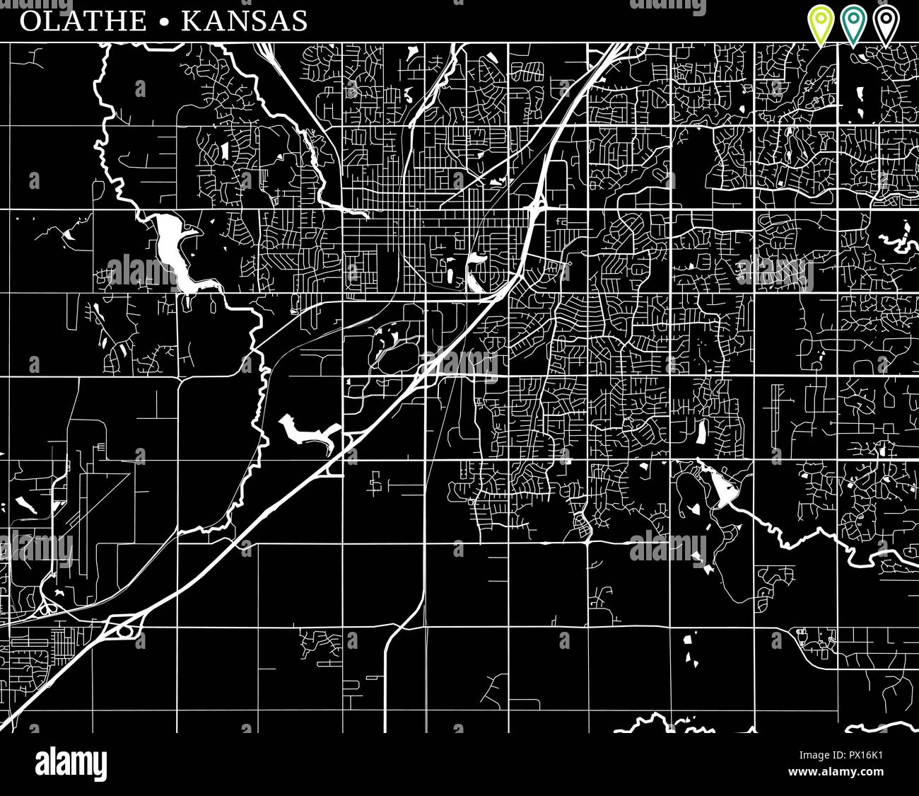 Carte simple de Olathe, Kansas, États-Unis. Version noir et blanc pour les fonds. Cette carte d'Olathe contient trois marqueurs qui sont regroupés et peut être déplacé. Illustration de Vecteur