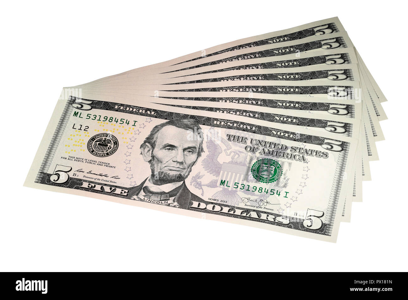 Un Fan de billets de 5 $ isolé sur fond blanc Banque D'Images