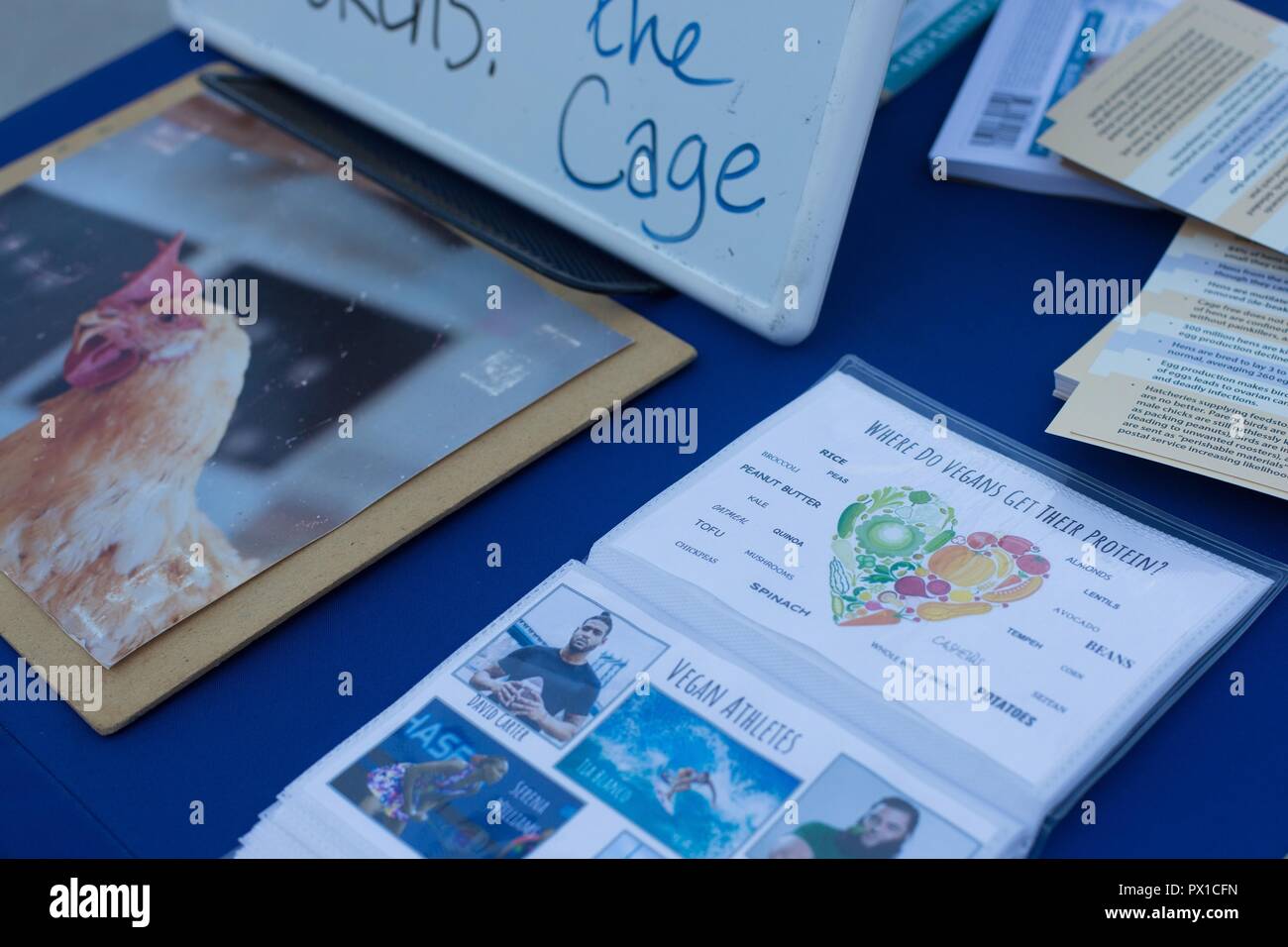 Informations sur l'usine inhumaines pratiques agricoles, à une table d'information Université de l'Oregon à Eugene, OR, USA. Banque D'Images