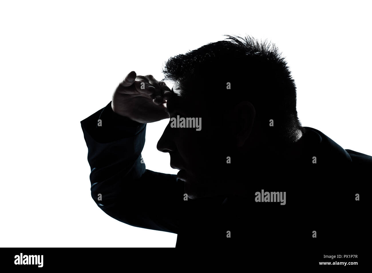 Un homme de race blanche silhouette portrait à la geste avant en studio isolé sur fond blanc Banque D'Images