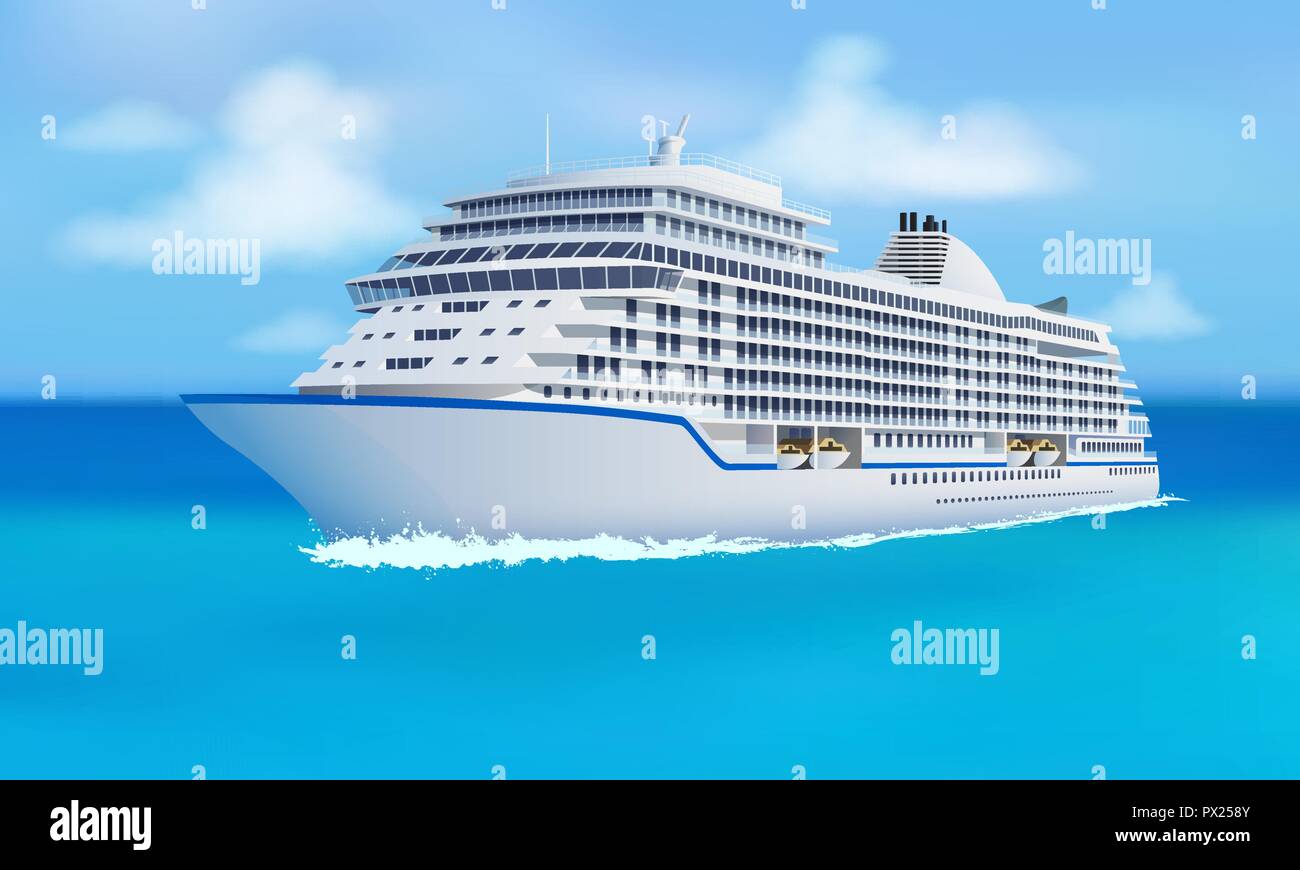 Grand bateau de croisière, l'océan, le ciel bleu dans le style. Illustration de Vecteur