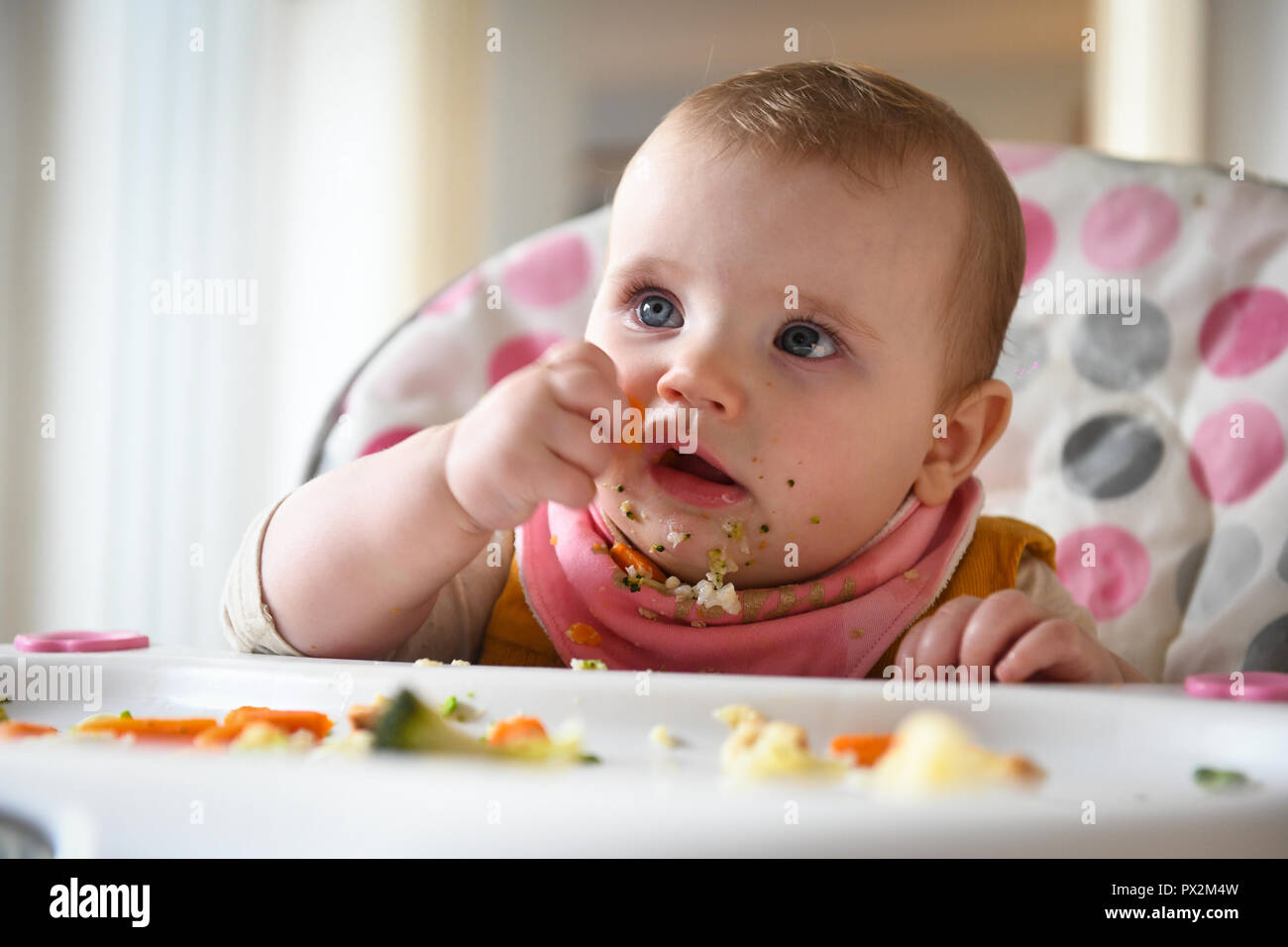 Un Bebe Blanc Avec Des Yeux Bleus Sur La Photo Avec De La Nourriture Sur Le Visage Il Qu Il Commence A Conduit Le Sevrage De Bebe Photo Stock Alamy