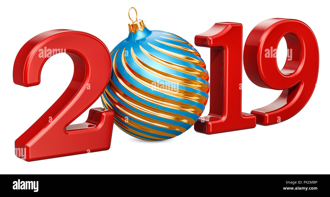 Bonne année 2019 avec boule de noël, rendu 3D isolé sur fond blanc Banque D'Images