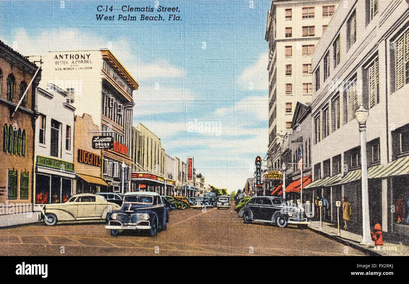 Clematis Street, West Palm Beach, Floride, environ 1940s carte postale de lin. Banque D'Images