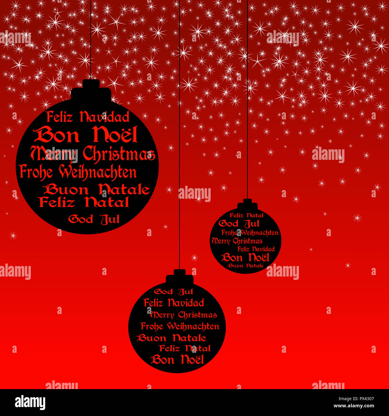 Boules Noël noir avec Joyeux Noël en : Anglais, Français, Italien,  Portugais, Allemand, Espagnol et Suédois. De nombreuses étoiles blanches  sur rouge dans le backg Photo Stock - Alamy