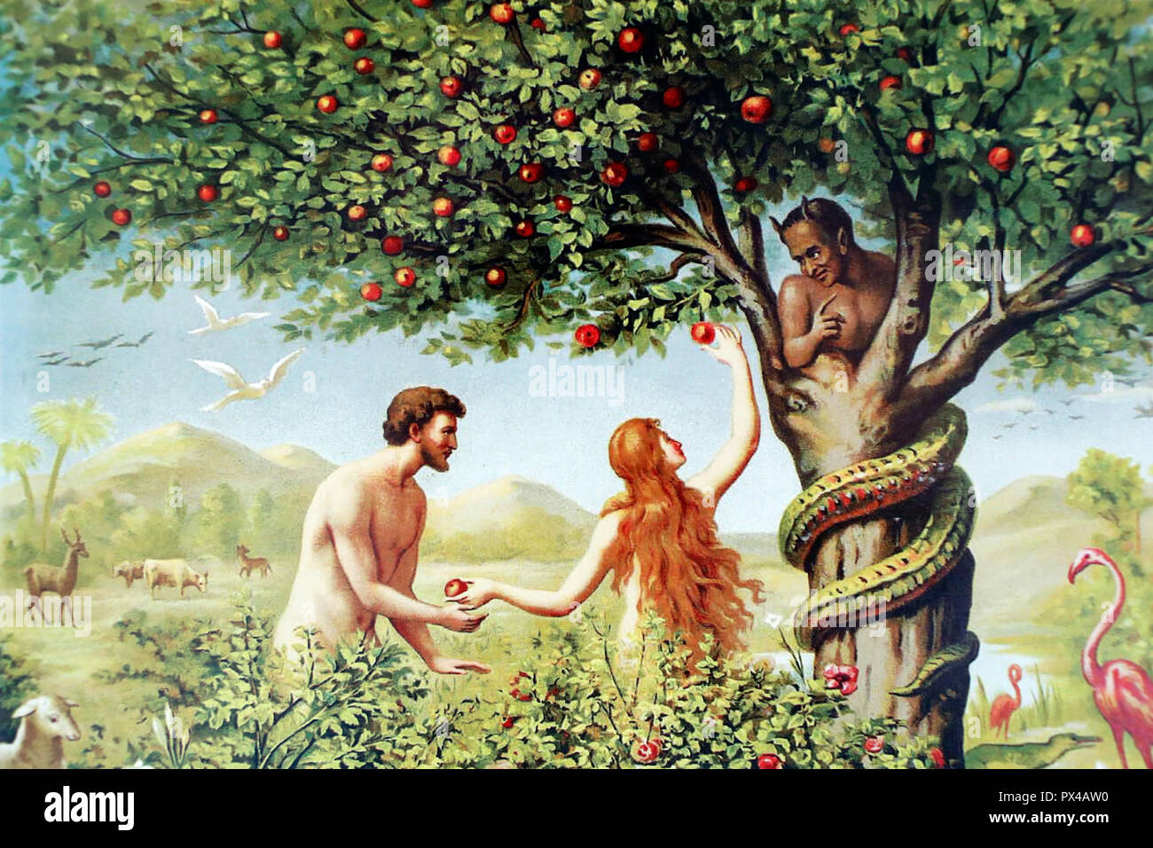 Eve Adam donnant le fruit interdit. Banque D'Images