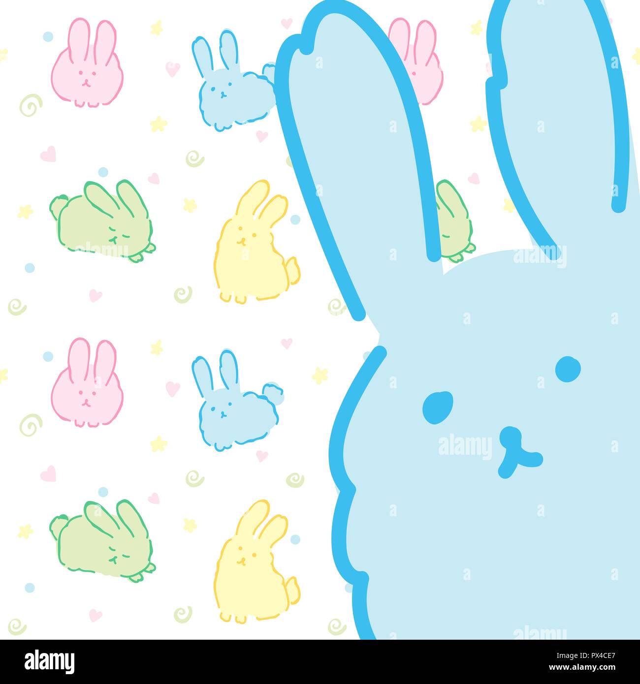 Modèle avec fond carte lapins lapins cute kawaii fluffy bunny bleu papier peint design carte avec portrait de Pâques lapin lièvre kawaii d Illustration de Vecteur