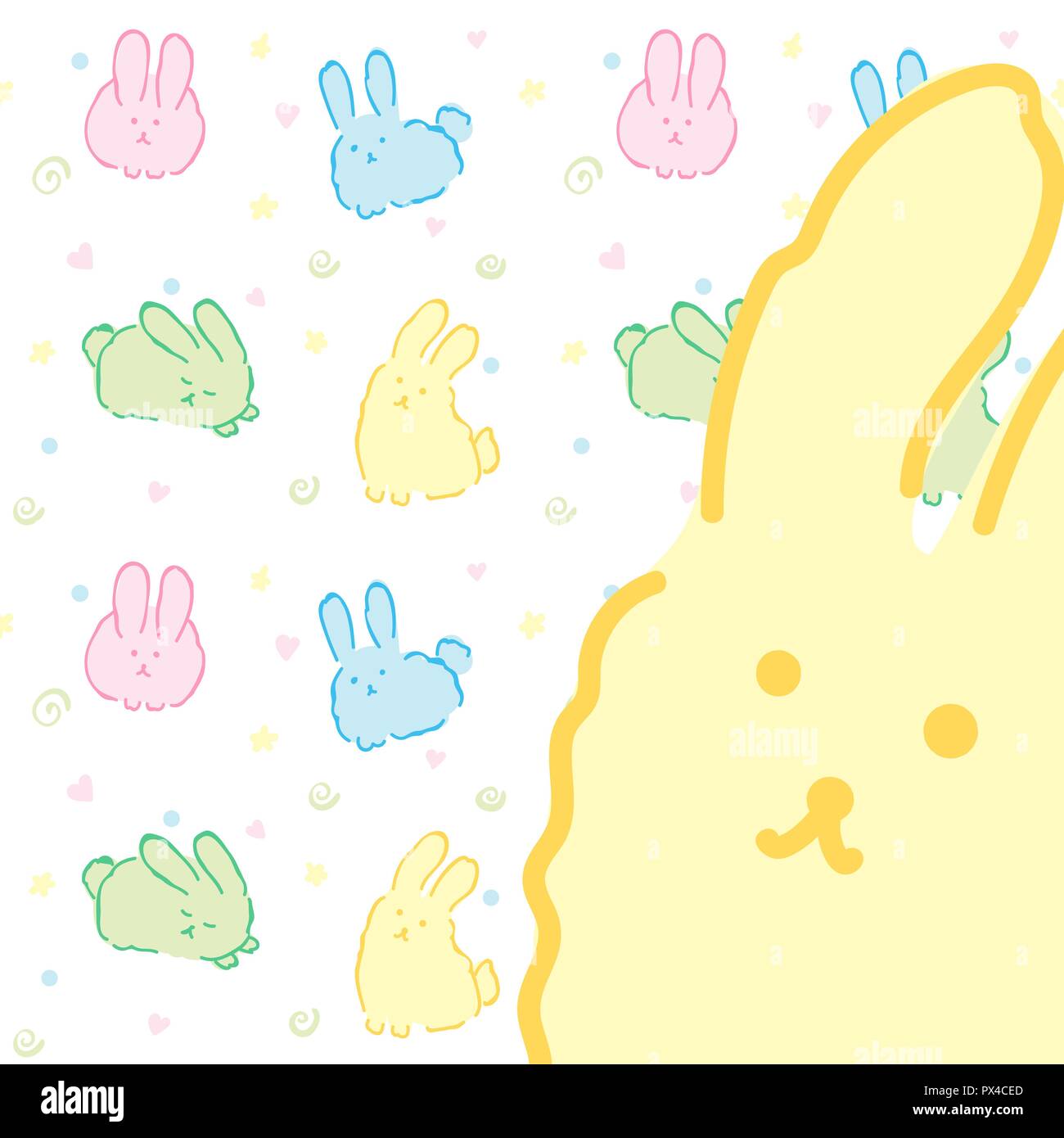 Modèle avec fond carte lapins lapins cute kawaii fluffy bunny design carte papier peint jaune avec portrait de Pâques lapin lièvre kawaii Illustration de Vecteur