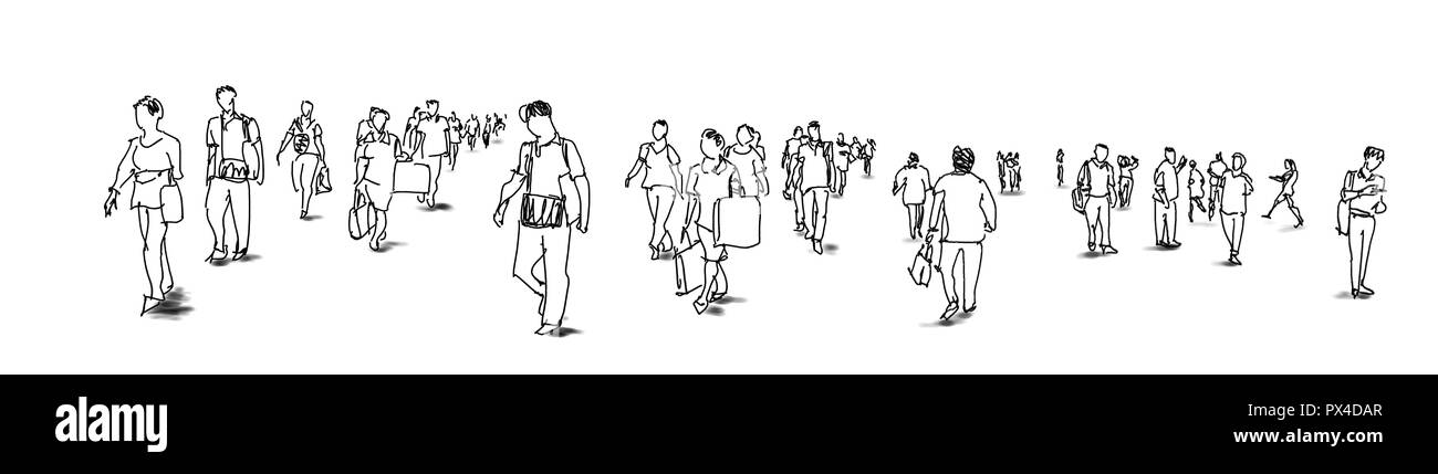 Foule de gens qui marchent à l'encre isolé sur fond blanc urbaniste panorama view Banque D'Images