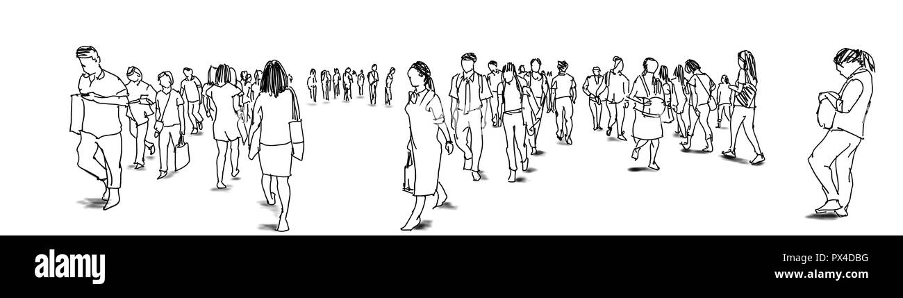 Foule de gens qui marchent à l'encre isolé sur fond blanc urbaniste panorama view Banque D'Images