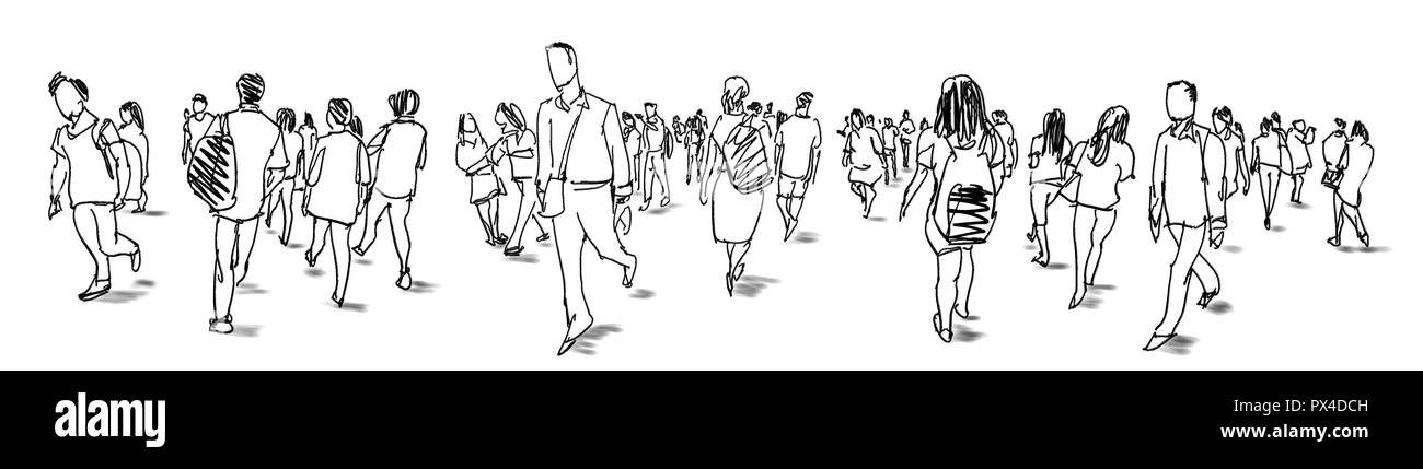 Foule de gens qui marchent à l'encre isolé sur fond blanc urbaniste panorama view Banque D'Images