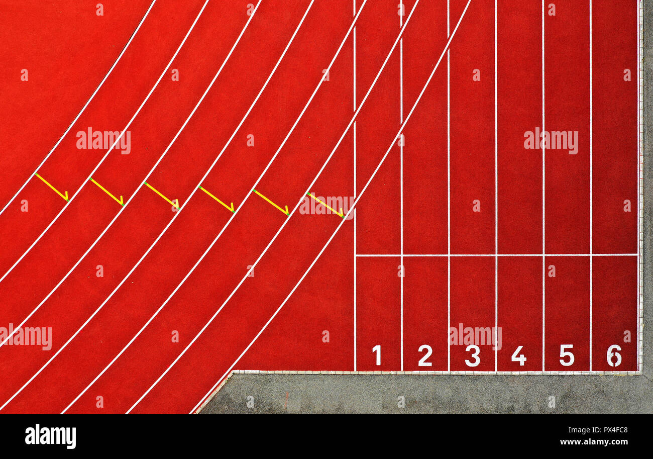 Aire de départ pour les sprinteurs sur une piste en tartan dans un stade de l'athlétisme, bird's eye view, Suisse Banque D'Images