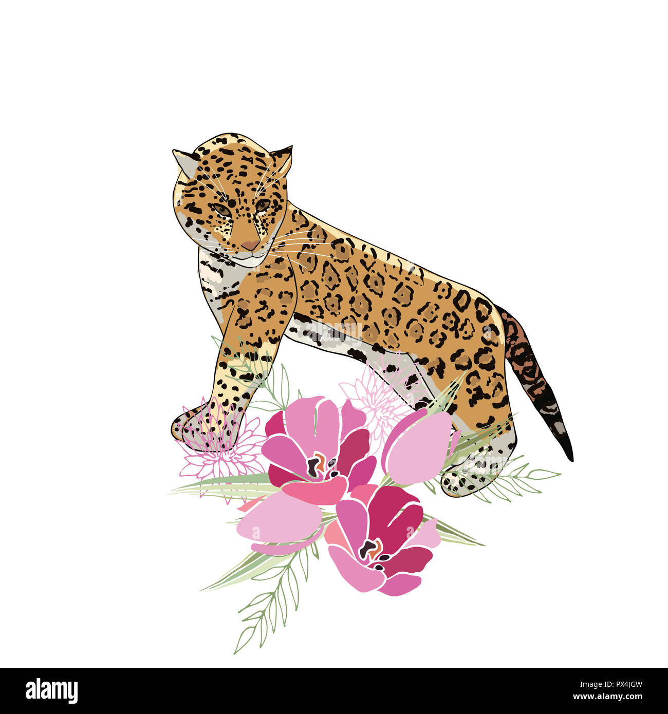 Illustration de style rétro avec des fleurs et des animaux Banque D'Images