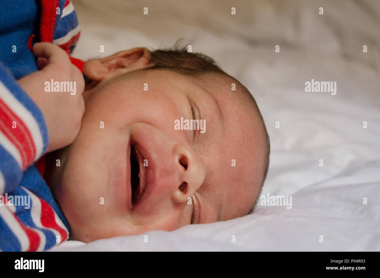 Deux Semaines Au Nouveau Ne Baby Boy Smilin Pendant Le Sommeil Sur L Edredon Blanc Tres Sourire Mignon Photo Stock Alamy