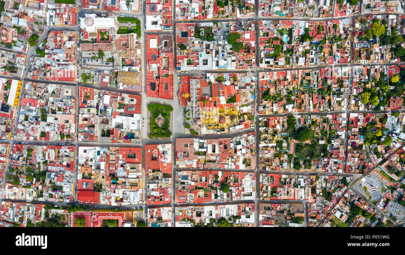 Vue aérienne de la Place Zocalo, centre-ville historique de San Miguel de Allende, Mexique Banque D'Images