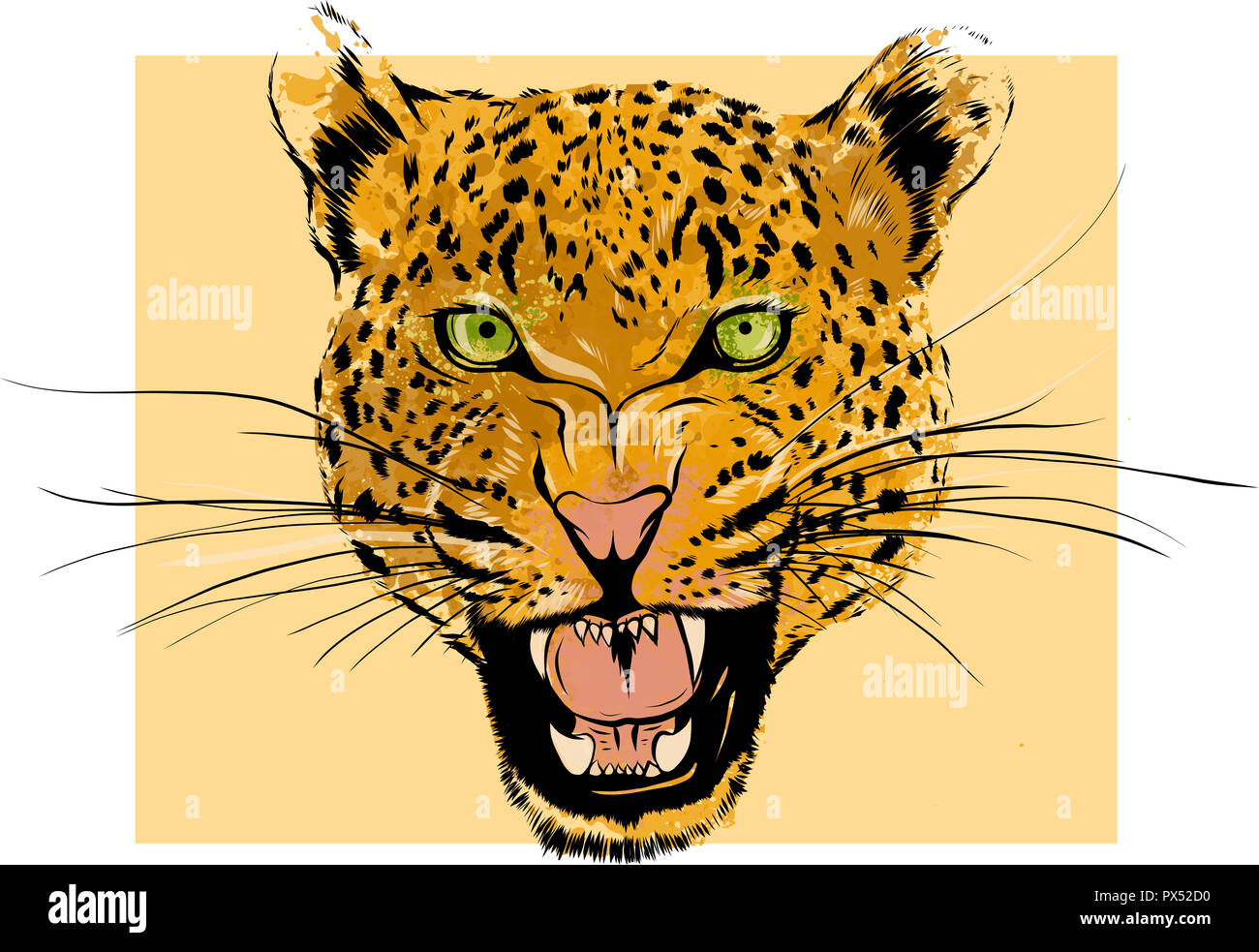 Leopard Portrait. Grand chat sauvage en tête. Visage mignon de prédateur agressif africaine avec bared dents dans cartoon style Banque D'Images