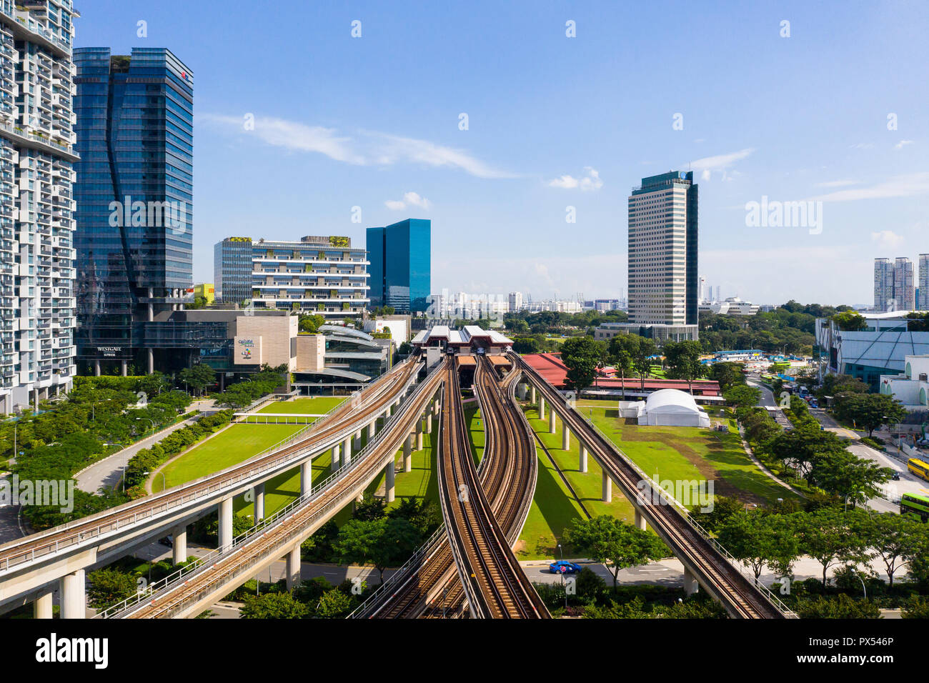 Vue aérienne de plusieurs voies ferrées à l'Est de Jurong, espace pour devenir quartier central des affaires de Singapour dans l'avenir. Banque D'Images