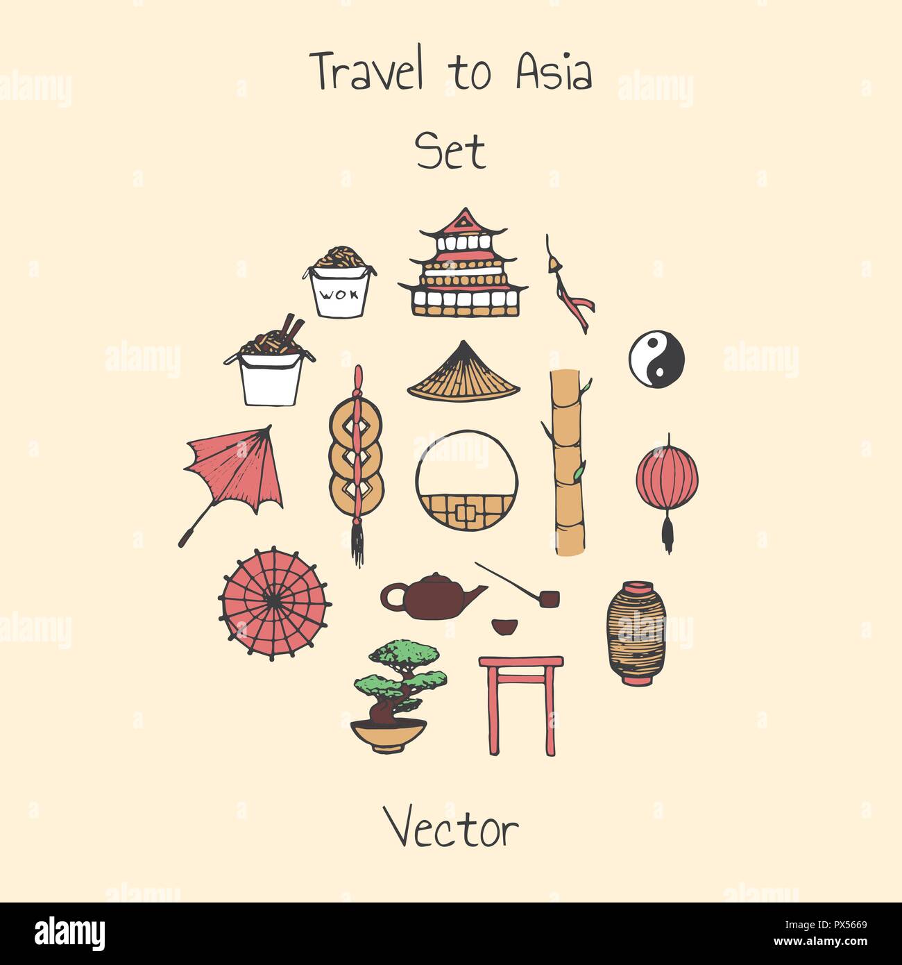 Vecteur coloré ensemble asiatique. Comprend des éléments orientaux contours : Parasols, monnaies, lanternes, bonsai, torii gates, nouilles, chapeau traditionnel, théière, ba Illustration de Vecteur