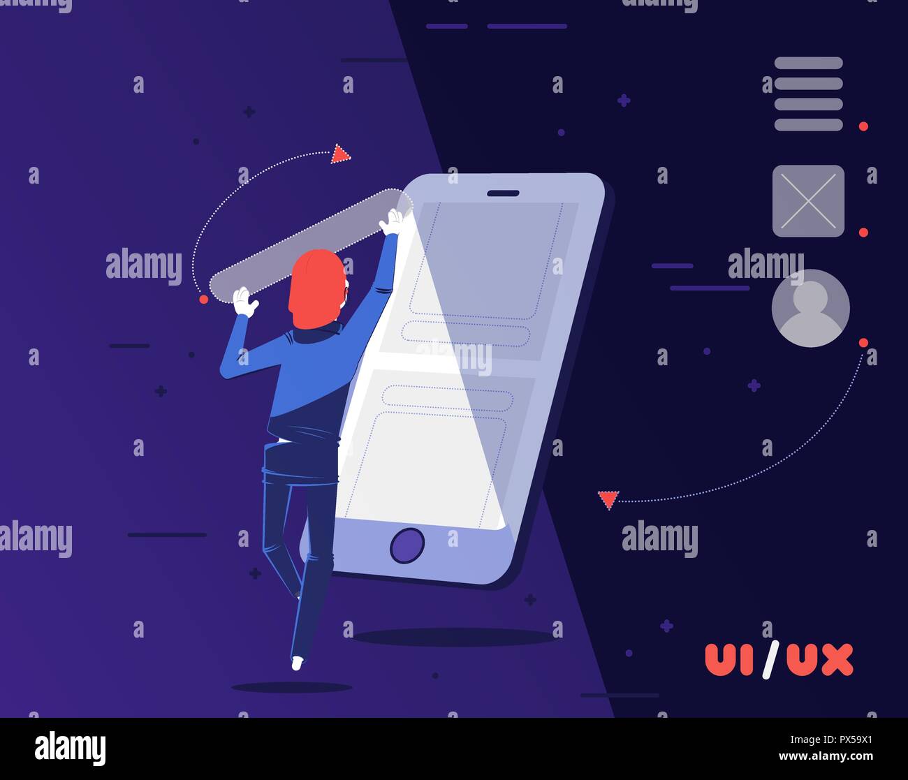 UI/UX designer construction d'une nouvelle application pour smartphone. Dans un monde numérique de l'expérience utilisateur / interface designer est l'architecte de notre nouveau monde. Illustration de Vecteur