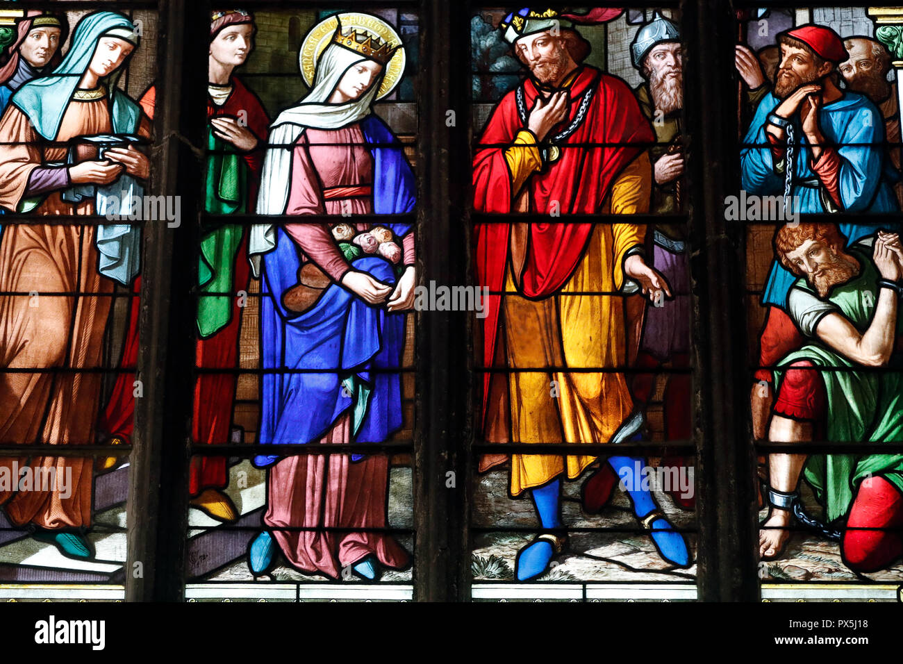 L'église Saint Nizier. Vitrail. Sainte Élisabeth, miracle des roses. 1872. Lyon. La France. Banque D'Images