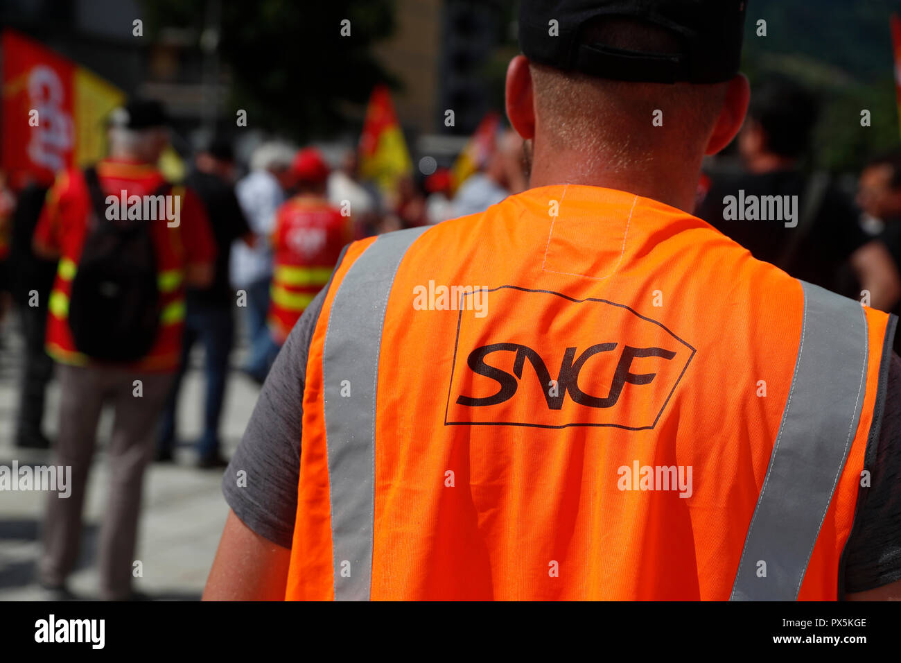 Syndicat CGT d'organiser une manifestation contre la réforme du système ferroviaire. Le Fayet. La France. Banque D'Images