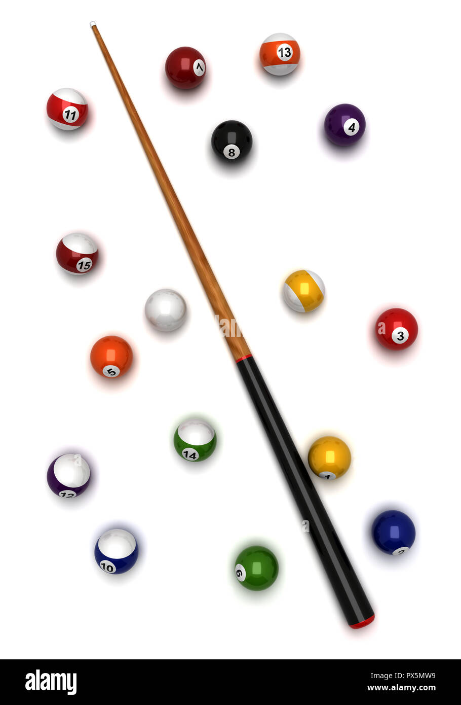 Boules de billard et cue en vue de dessus Banque D'Images