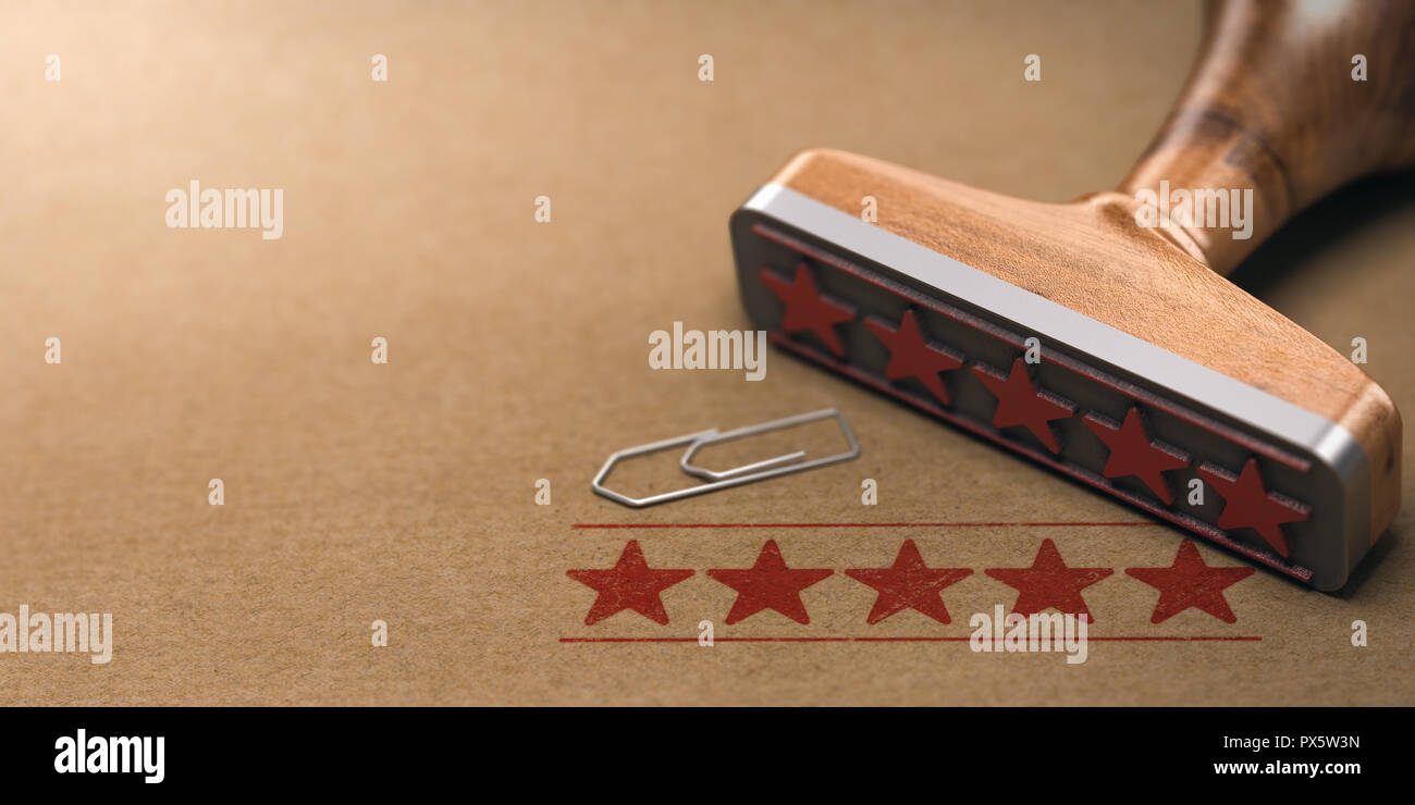 Cinq étoiles l'étiquette sur fond de papier brun. Revue de client concept. 3d illustration Banque D'Images Cinq étoiles l'étiquette sur fond de papier brun. Revue de client concept. 3d illustration Banque D'Images