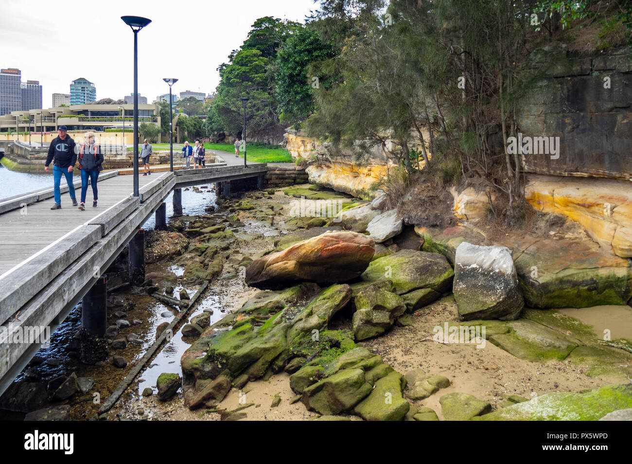 Les gens marcher sur une promenade le long de la baie de Woolloomooloo et Jardin botanique royal Sydney NSW Australie. Banque D'Images