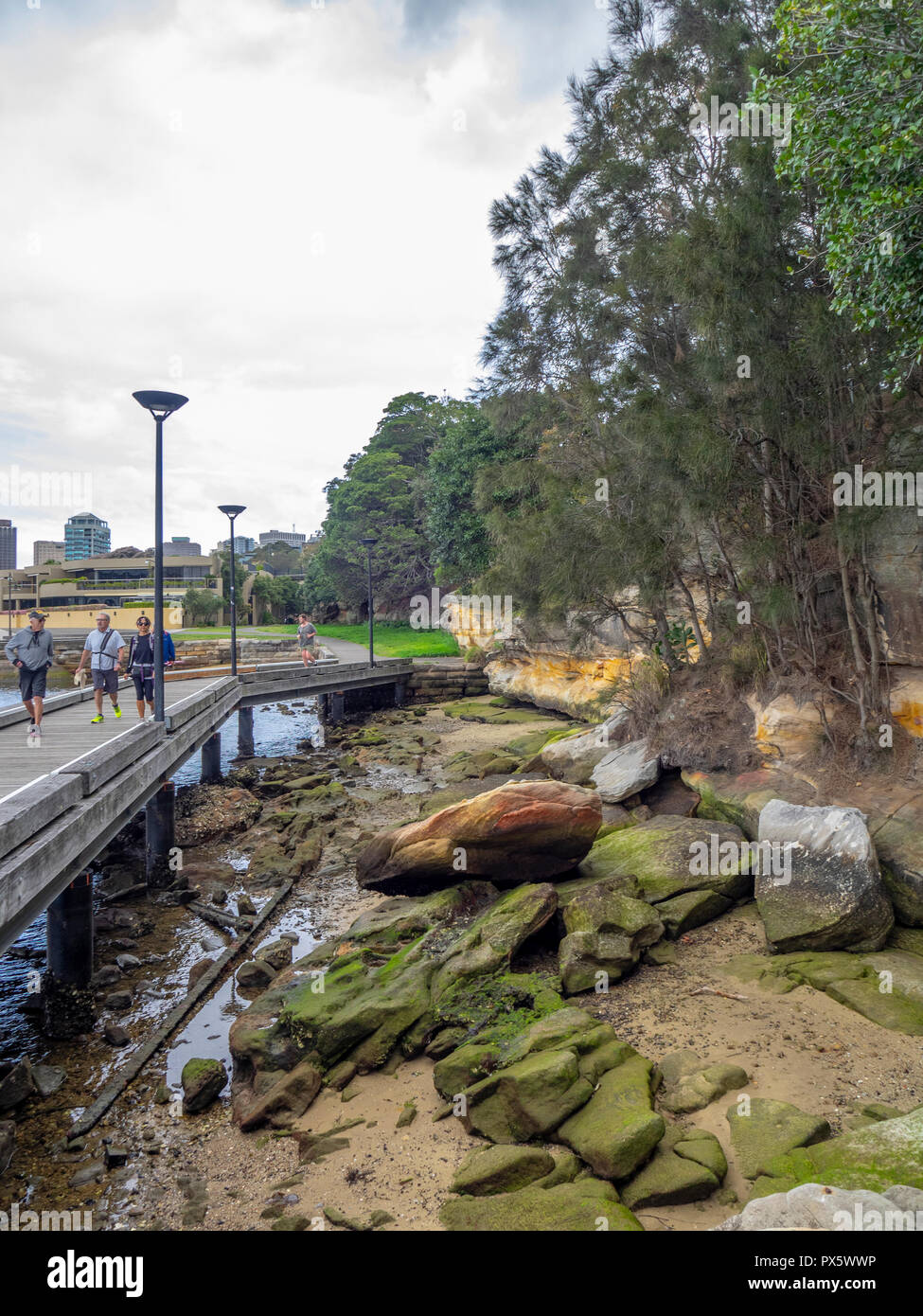 Les gens marcher sur une promenade le long de la baie de Woolloomooloo et Jardin botanique royal Sydney NSW Australie. Banque D'Images