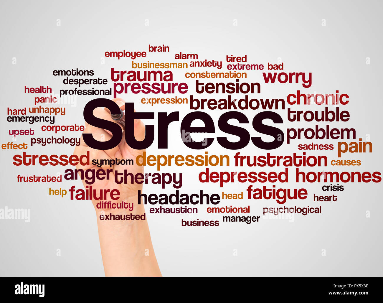 Nuage de mots stress et part avec le concept sur fond blanc. Banque D'Images