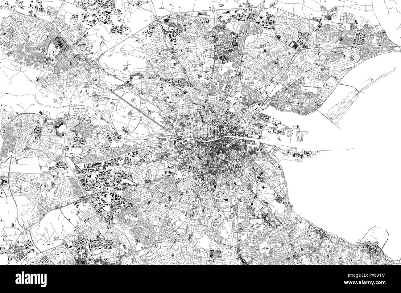 Carte Satellite de Dublin, Irlande, les rues de la ville. Plan de la ville, centre-ville. Illustration de Vecteur