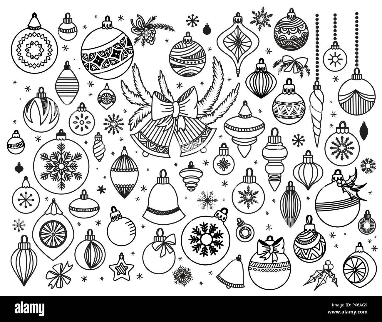 Doodle jeu de Noël decoratins. Faites à la main des boules de Noël, les cloches et les jouets de formes diverses avec des rubans et des arc. Vector illustration isolé sur blanc. Éléments de design collection. Illustration de Vecteur