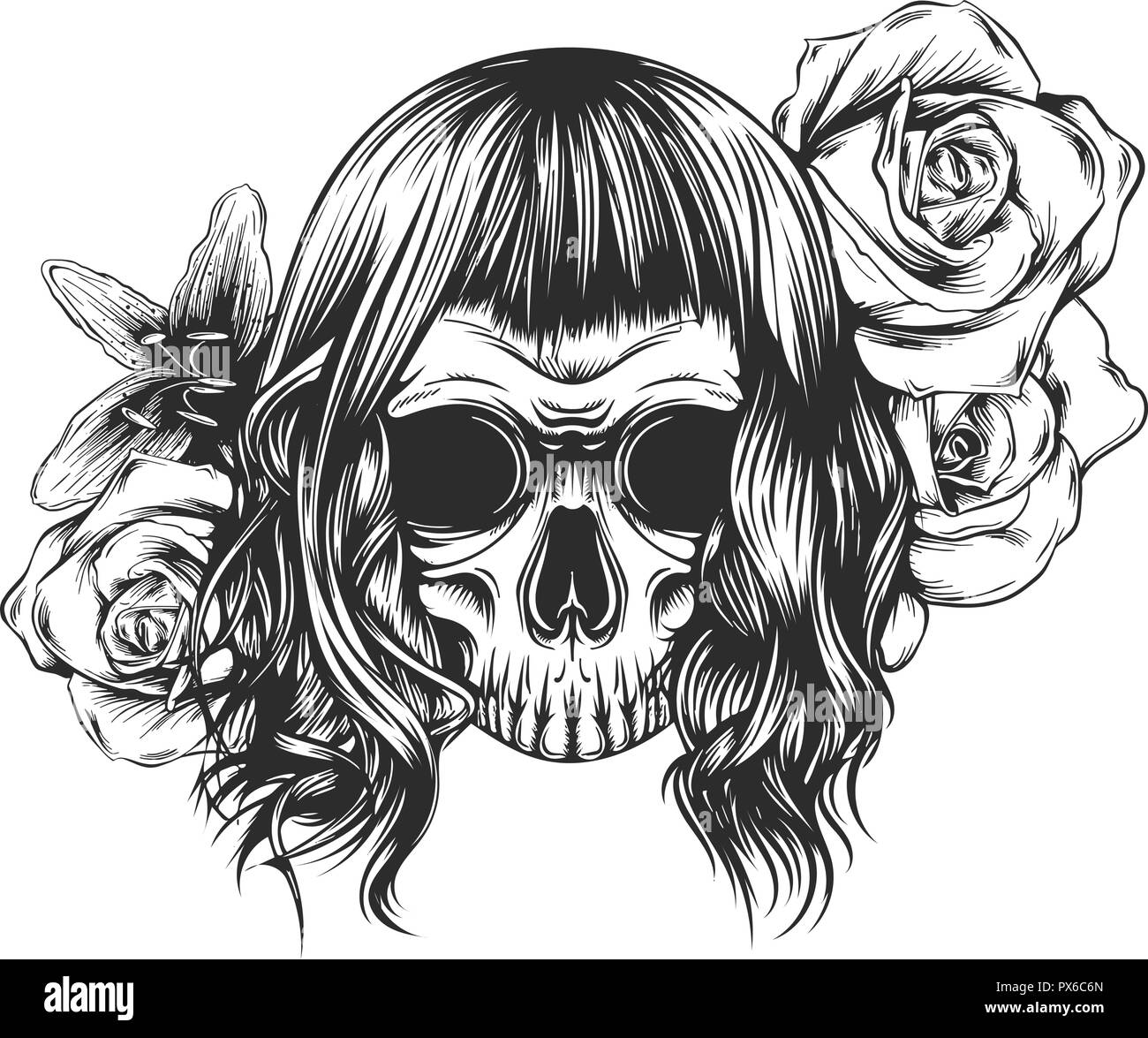 Crâne avec des fleurs, des roses. Le dessin à la main. . Illustration Illustration de Vecteur