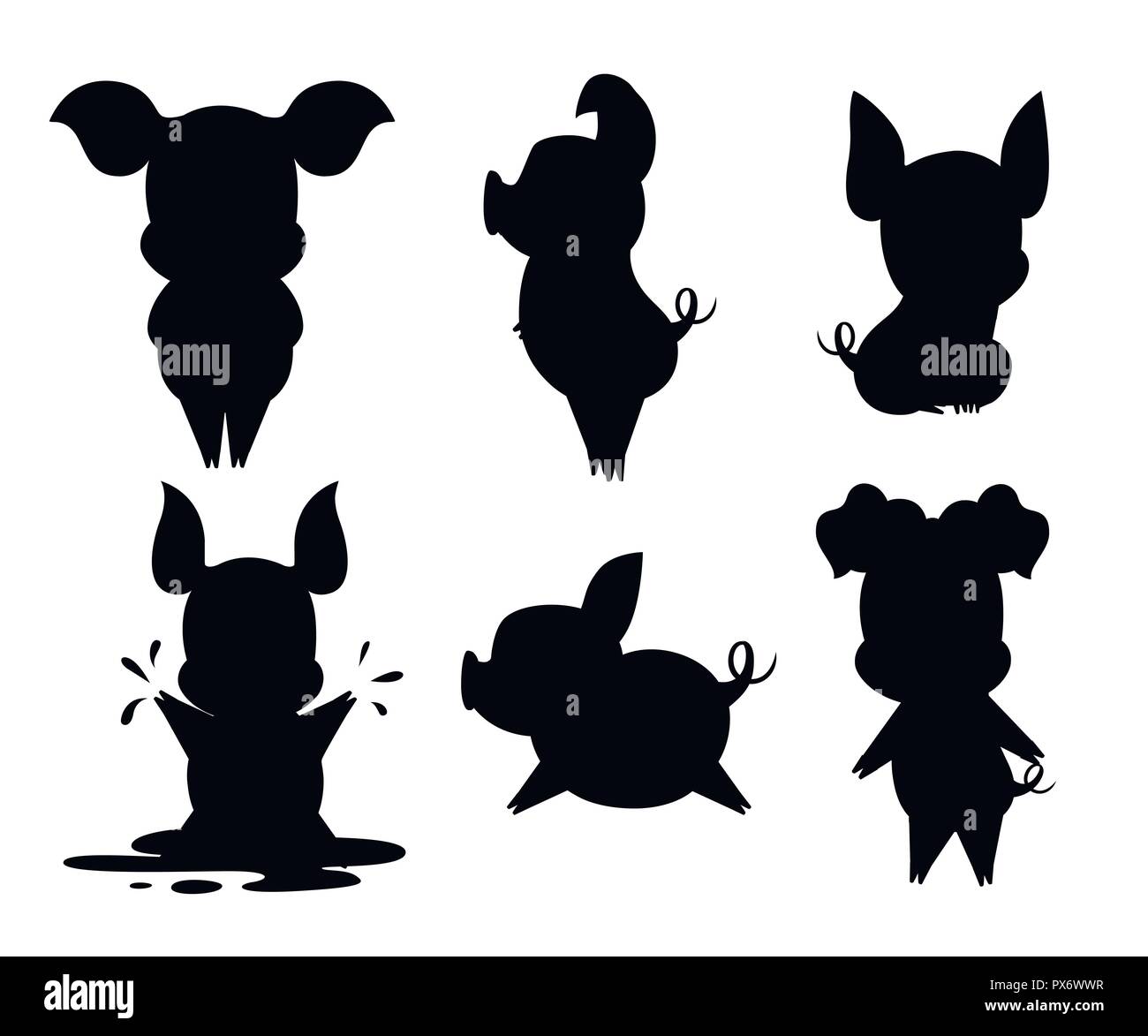 Silhouette noire. Cochon mignon collection. Cartoon character design. Petits cochons dans différentes poses. Nettoyer et de la boue. Télévision vector illustration isolé sur w Illustration de Vecteur