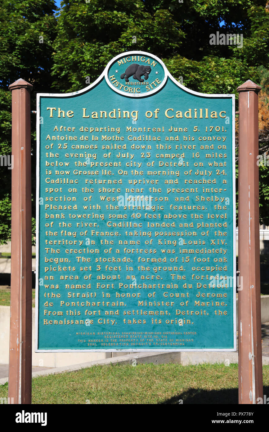 Le débarquement de Cadillac, Hart Plaza sur sur le bord de la rivière de Detroit, Michigan, aux Etats-Unis Banque D'Images