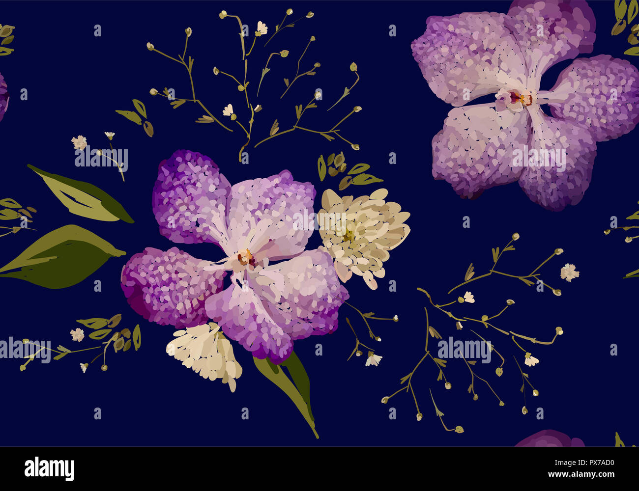 Design Floral seamless pattern. Orchidées mauve avec des fleurs sauvages, des feuilles et des plantes à la main. Vector illustration pour textile, rétractable, tissu prin Banque D'Images