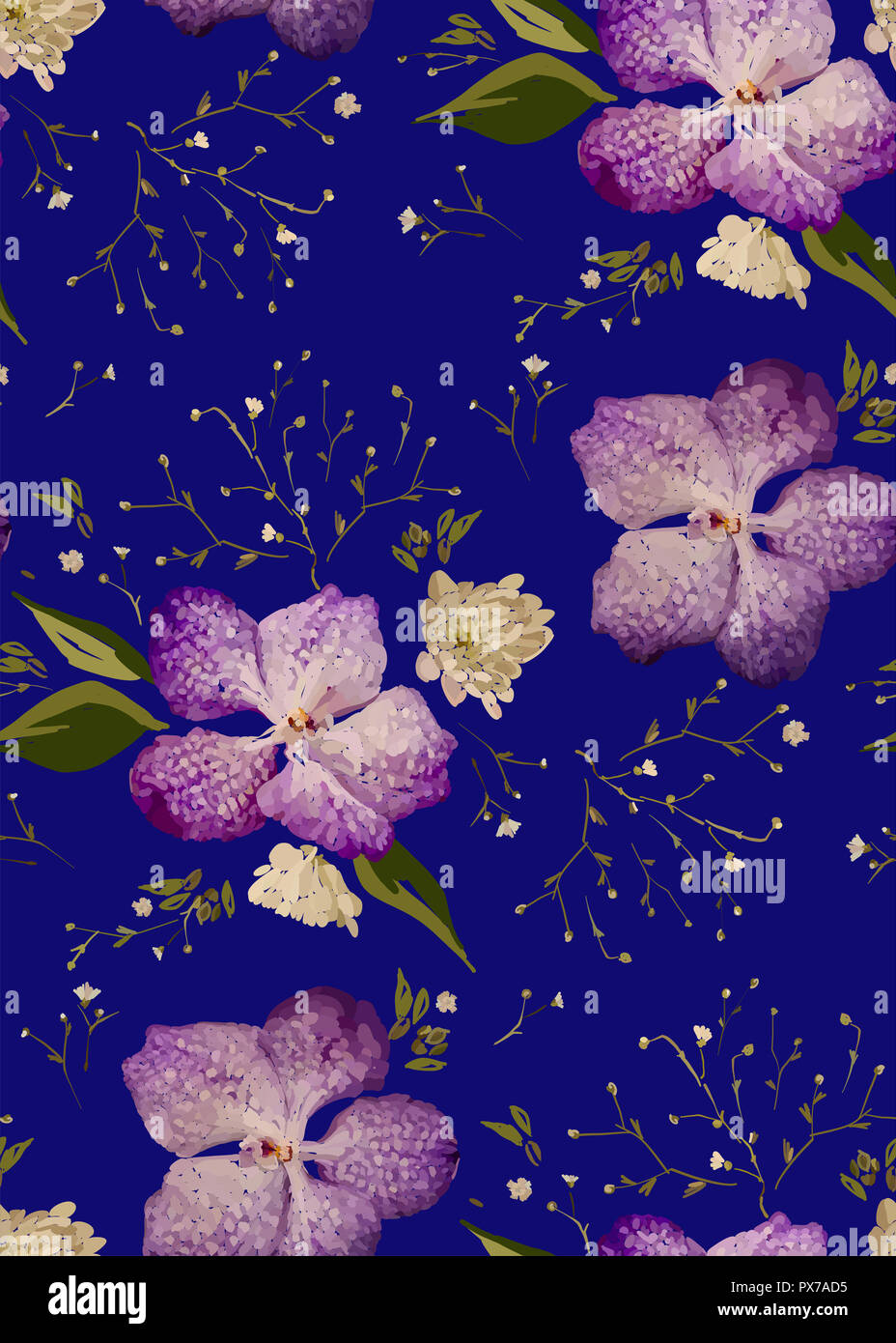 Design Floral seamless pattern. Orchidées mauve avec des fleurs sauvages, des feuilles et des plantes à la main. Vector illustration pour textile, rétractable, tissu prin Banque D'Images