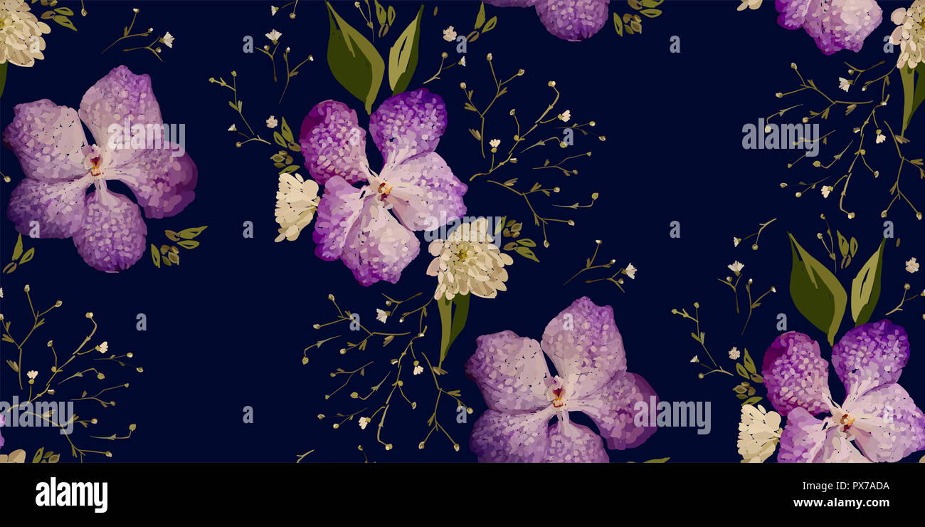 Design Floral seamless pattern. Orchidées mauve avec des fleurs sauvages, des feuilles et des plantes à la main. Vector illustration pour textile, rétractable, tissu prin Banque D'Images