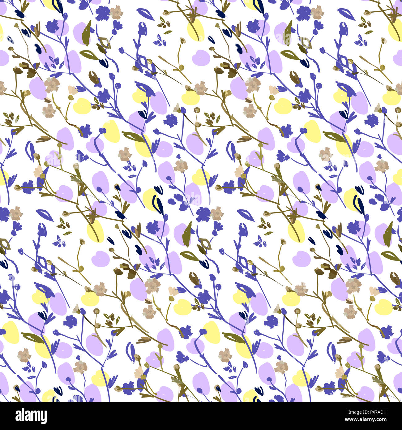 Design Floral seamless pattern sur fond blanc. Fleurs sauvages d'été, des feuilles et des plantes à la main sur fond blanc. Illustration Vecteur de tex Banque D'Images