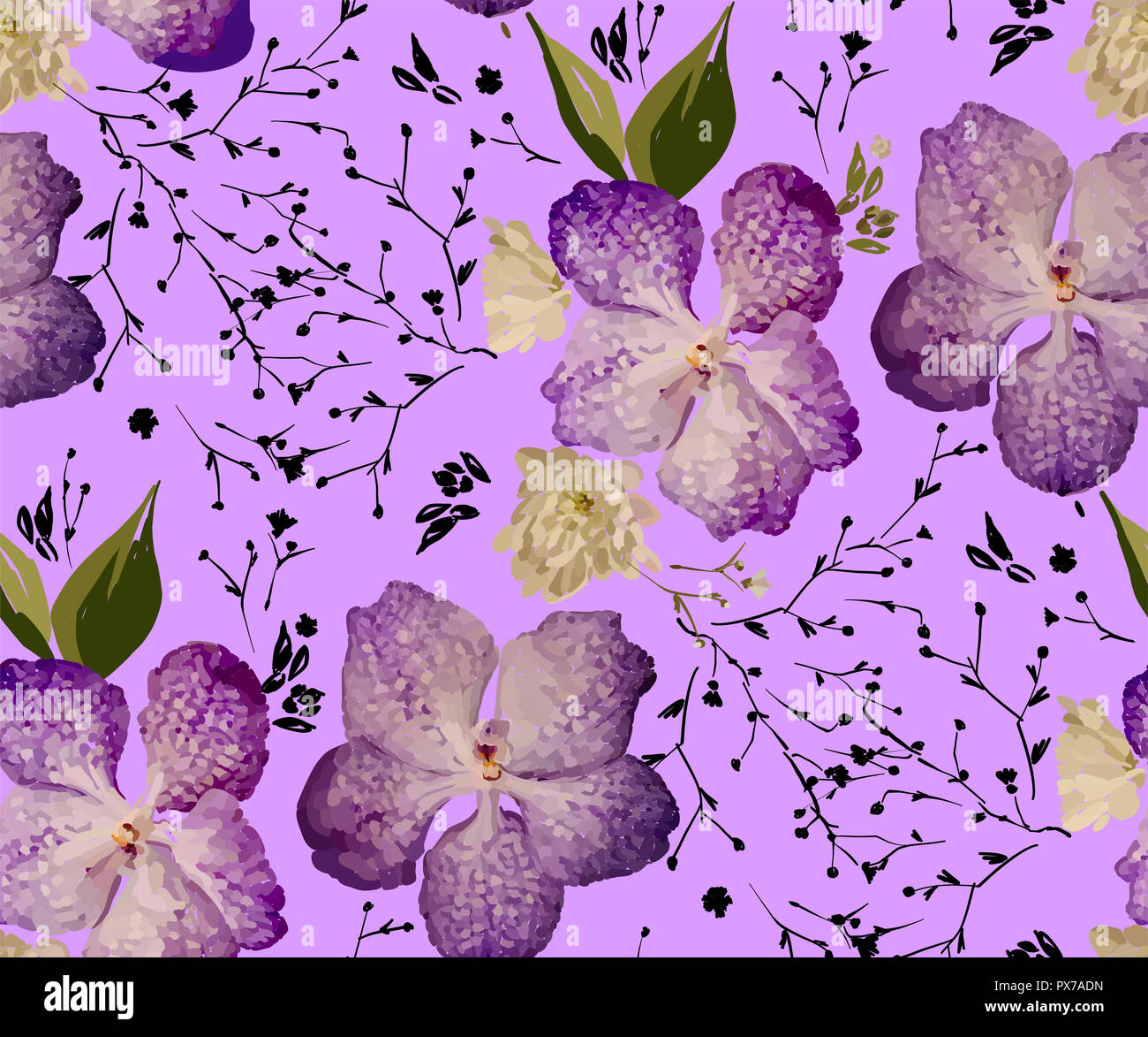 Design Floral seamless pattern. Orchidées mauve avec des fleurs sauvages, des feuilles et des plantes à la main. Vector illustration pour textile, rétractable, tissu prin Banque D'Images