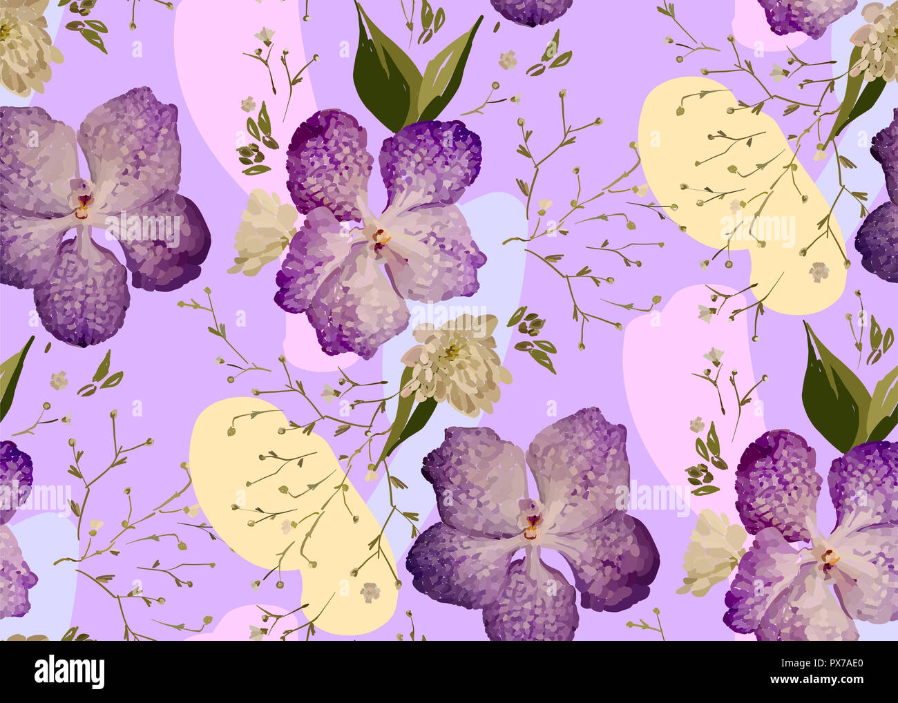 Design Floral seamless pattern. Orchidées mauve avec des fleurs sauvages, des feuilles et des plantes à la main. Vector illustration pour textile, rétractable, tissu prin Banque D'Images