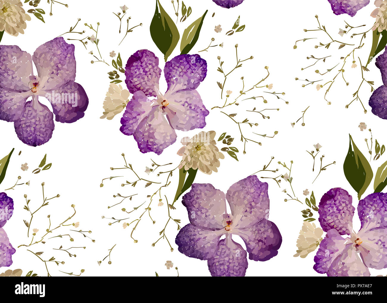 Design Floral seamless pattern. Orchidées mauve avec des fleurs sauvages, des feuilles et des plantes à la main. Vector illustration pour textile, rétractable, tissu prin Banque D'Images