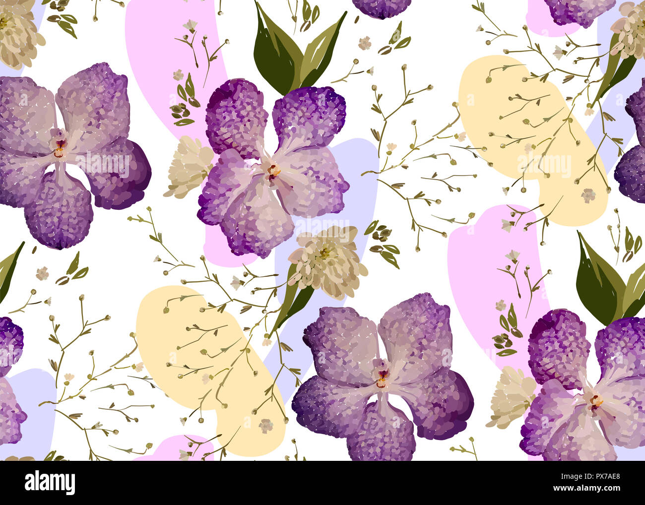 Design Floral seamless pattern. Orchidées mauve avec des fleurs sauvages, des feuilles et des plantes à la main. Vector illustration pour textile, rétractable, tissu prin Banque D'Images