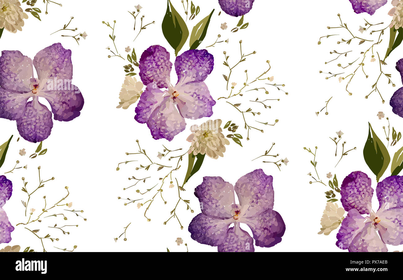 Design Floral seamless pattern. Orchidées mauve avec des fleurs sauvages, des feuilles et des plantes à la main. Vector illustration pour textile, rétractable, tissu prin Banque D'Images