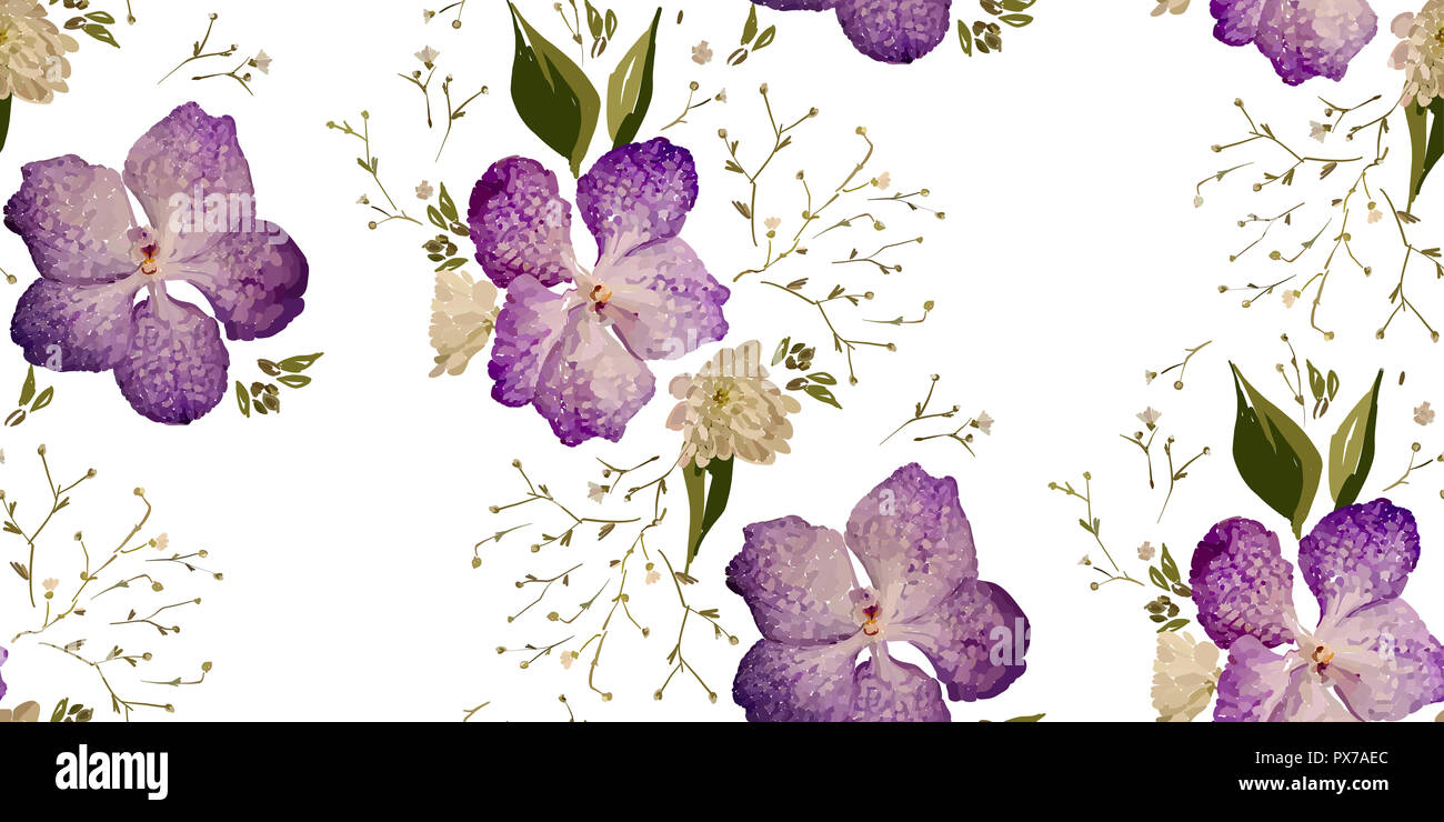 Design Floral seamless pattern. Orchidées mauve avec des fleurs sauvages, des feuilles et des plantes à la main. Vector illustration pour textile, rétractable, tissu prin Banque D'Images