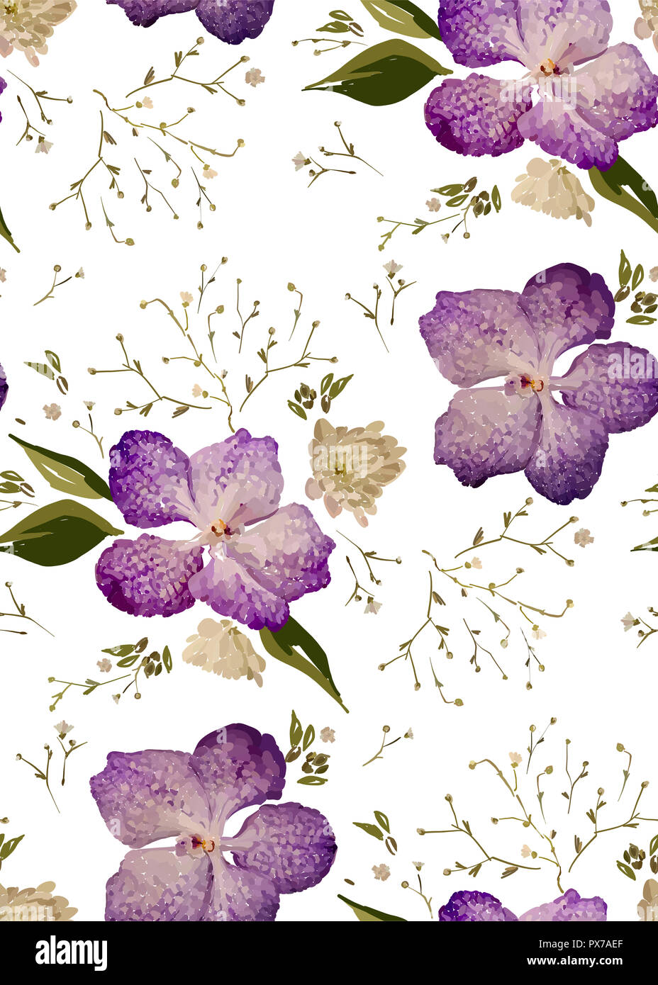 Design Floral seamless pattern. Orchidées mauve avec des fleurs sauvages, des feuilles et des plantes à la main. Vector illustration pour textile, rétractable, tissu prin Banque D'Images