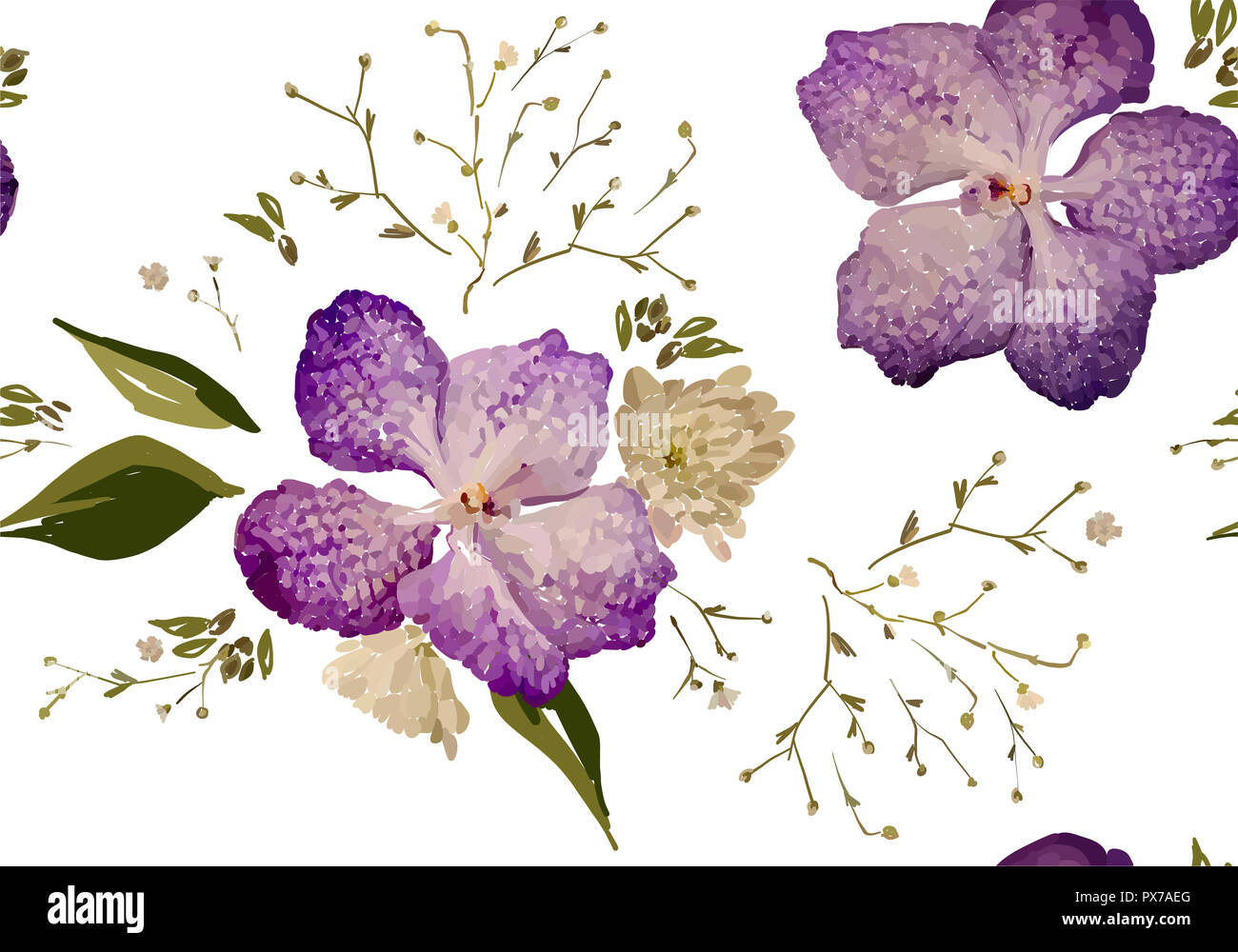 Design Floral seamless pattern. Orchidées mauve avec des fleurs sauvages, des feuilles et des plantes à la main. Vector illustration pour textile, rétractable, tissu prin Banque D'Images