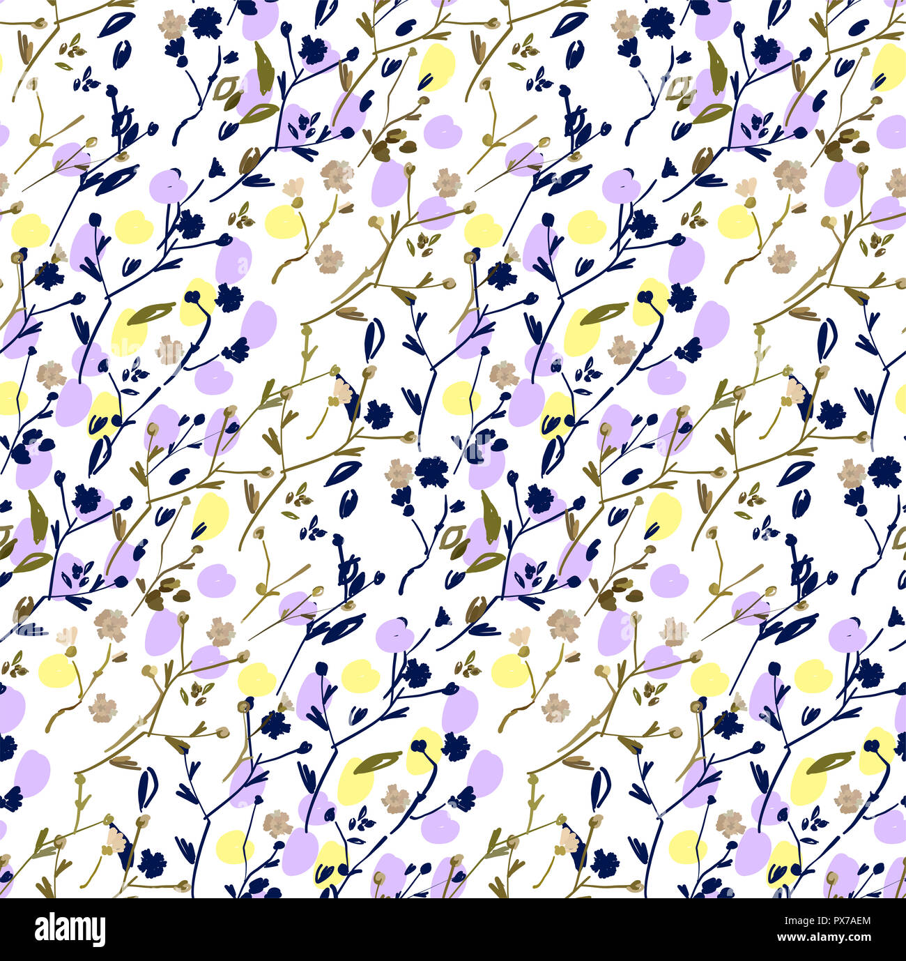 Design Floral seamless pattern sur fond blanc. Fleurs sauvages d'été, des feuilles et des plantes à la main sur fond blanc. Illustration Vecteur de tex Banque D'Images