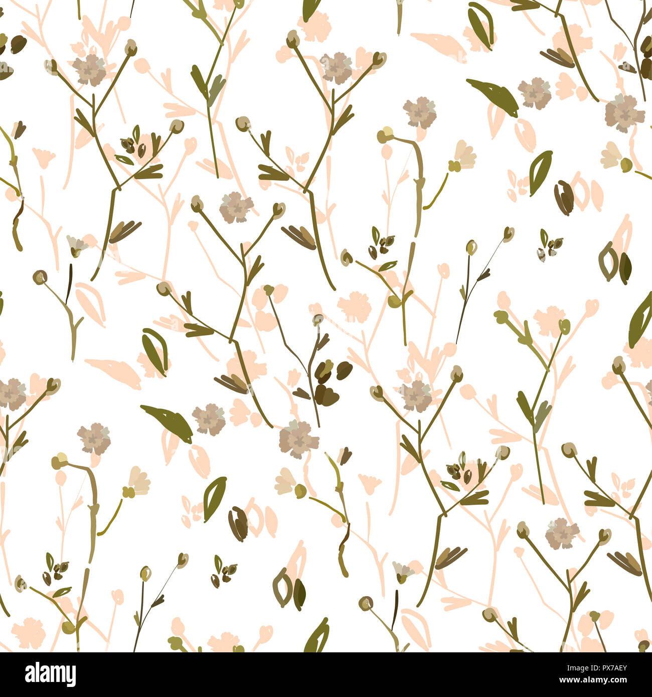 Design Floral seamless pattern sur fond blanc. Fleurs sauvages d'été, des feuilles et des plantes à la main sur fond blanc. Illustration Vecteur de tex Banque D'Images